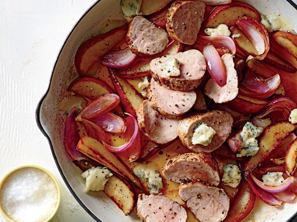 skillet with pork, pears, and blue cheese