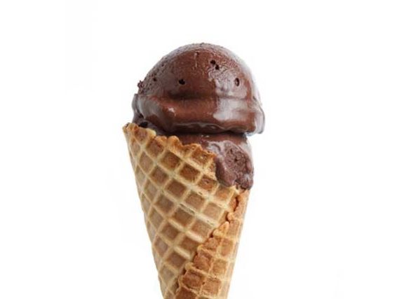 a single scoop of chocolate ice cream sits inside a waffle cone. The background is a blank white canvas so the cone stands out.
