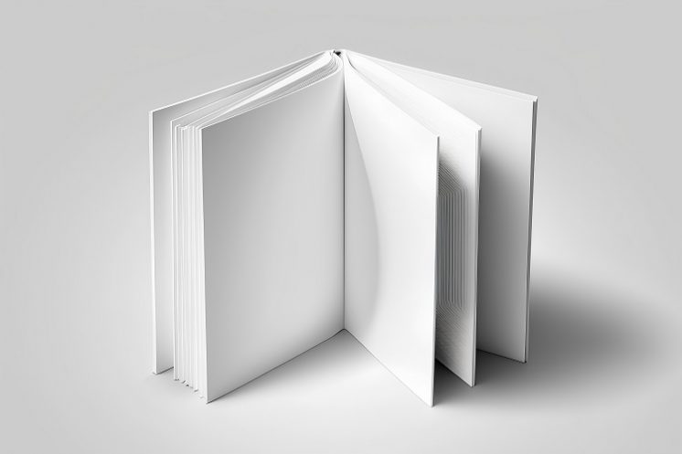 A white book opened to see the blank inside pages, on a white background
