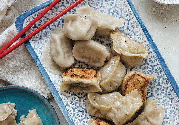 pork and cabbage dumplings on a patterned blue and white rectangular platter. A pair of red chopsticks rests at an angle in the upper left corner of the platter